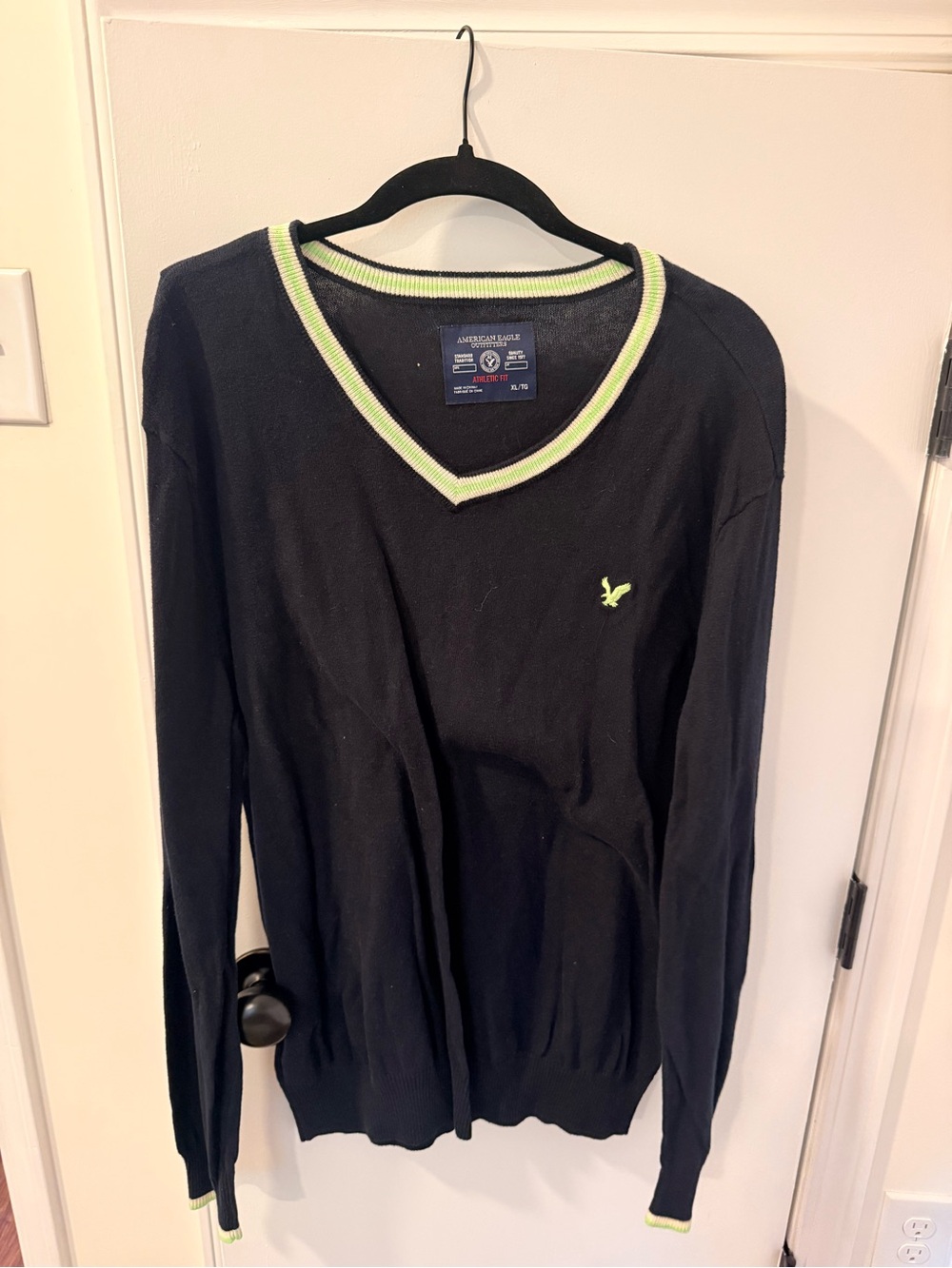 American Eagle Outfitters Black V-Neck Sweater with Lime Trim